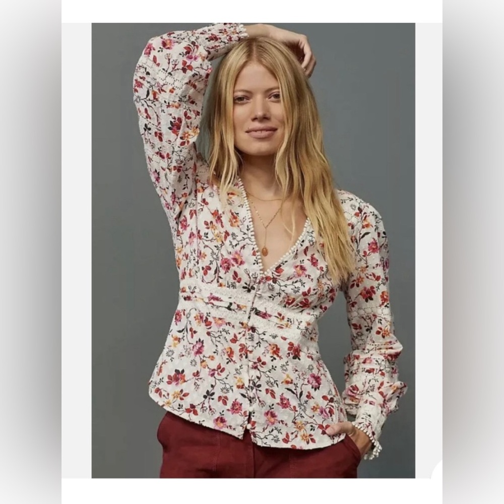 Anthropologie floral lace button front long sleeve blouse
